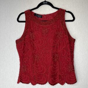 Jkara Top Blouse Large Red Beaded Sleeveless Christmas Holiday Valentine's Day